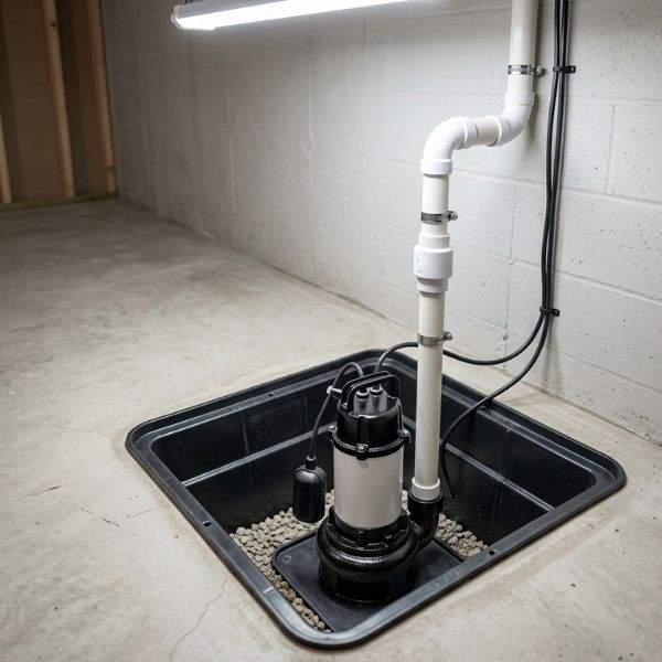 Newly installed sump pump in a dry residential basement.