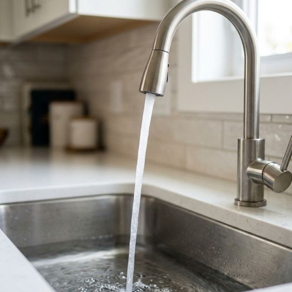 Clear water flowing from a kitchen faucet showing restored pressure.