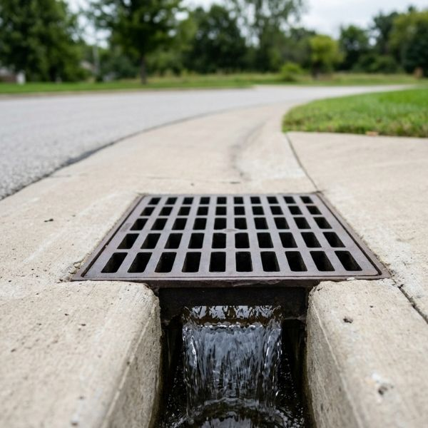Clean and clear outdoor storm drain functioning properly.