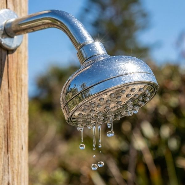 Sparkling clean chrome outdoor showerhead with fresh water droplets.