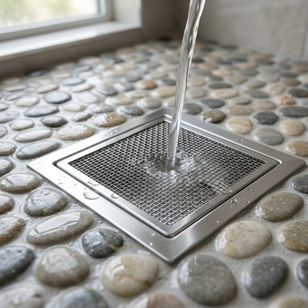 Stainless steel mesh drain cover on a pebble shower floor.