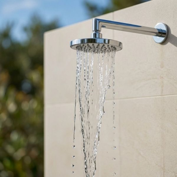 Steady stream of water flowing from an outdoor shower fixture.