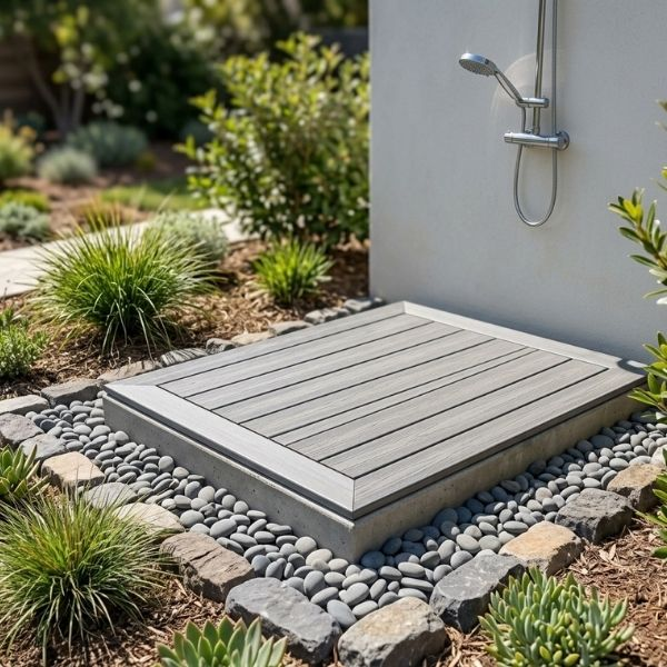 Dry and well-maintained outdoor shower base with landscaping stones.