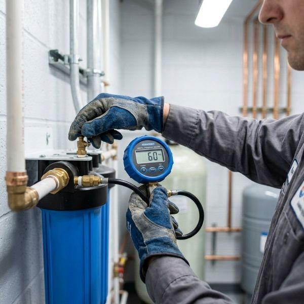 Professional testing a newly installed water pressure system