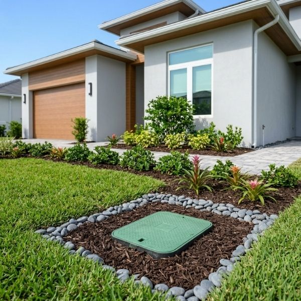 Newly repaired residential water line surrounded by landscaping