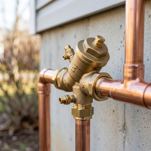 Close-up of a new brass backflow prevention valve on copper pipes