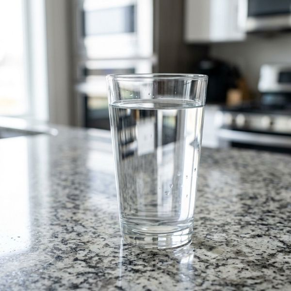 Crystal-clear glass of pure drinking water on a granite countertop