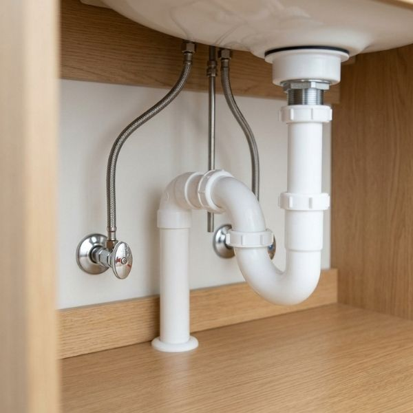 Clean and dry pipes under a bathroom sink showing no leaks.