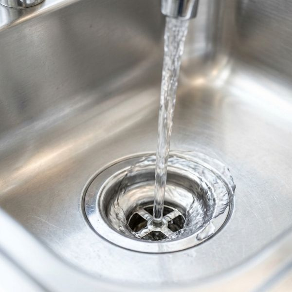 Water draining quickly down a clean stainless steel kitchen sink.