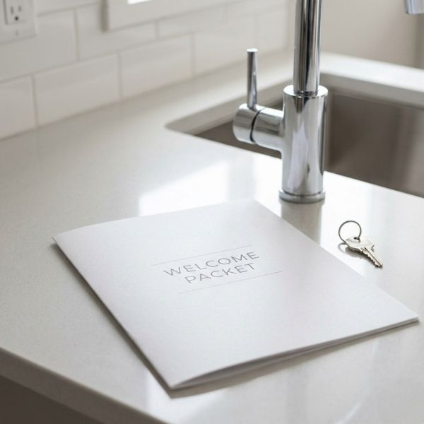 Tenant welcome packet on a kitchen counter near a clean faucet.
