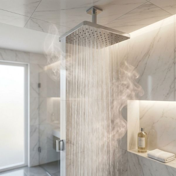 Modern luxury shower running steamy hot water in a clean bathroom.