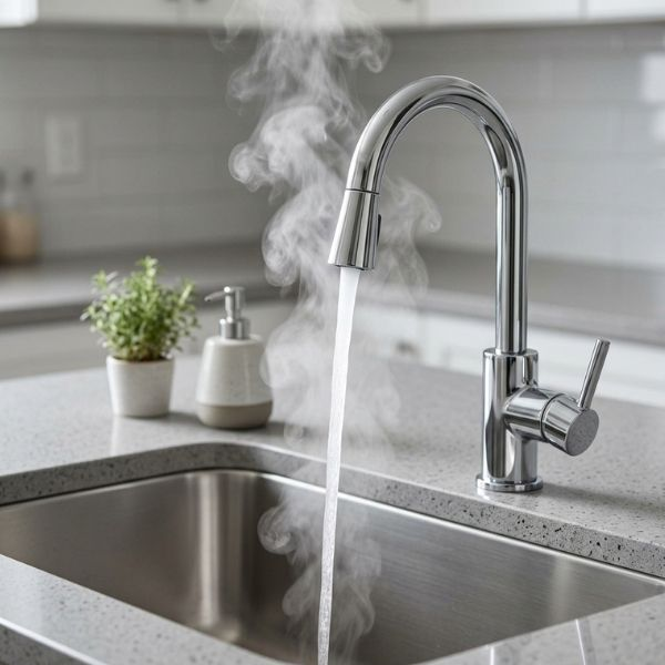 Modern kitchen sink faucet dispensing a steady stream of hot water.